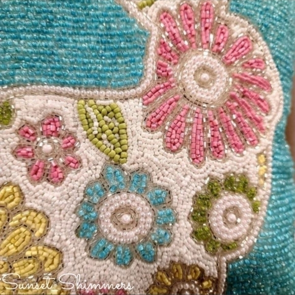 14" Sparkly BEADED Easter BUNNY RABBIT Floral Throw PILLOW Pink TURQUOISE New - Picture 4 of 11